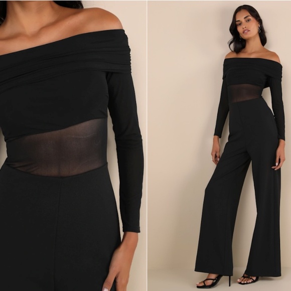 LULU's Wedding Formal Sexy Elegant Classy Off the Shoulder Long Sleeve Pantsuit - Picture 1 of 5